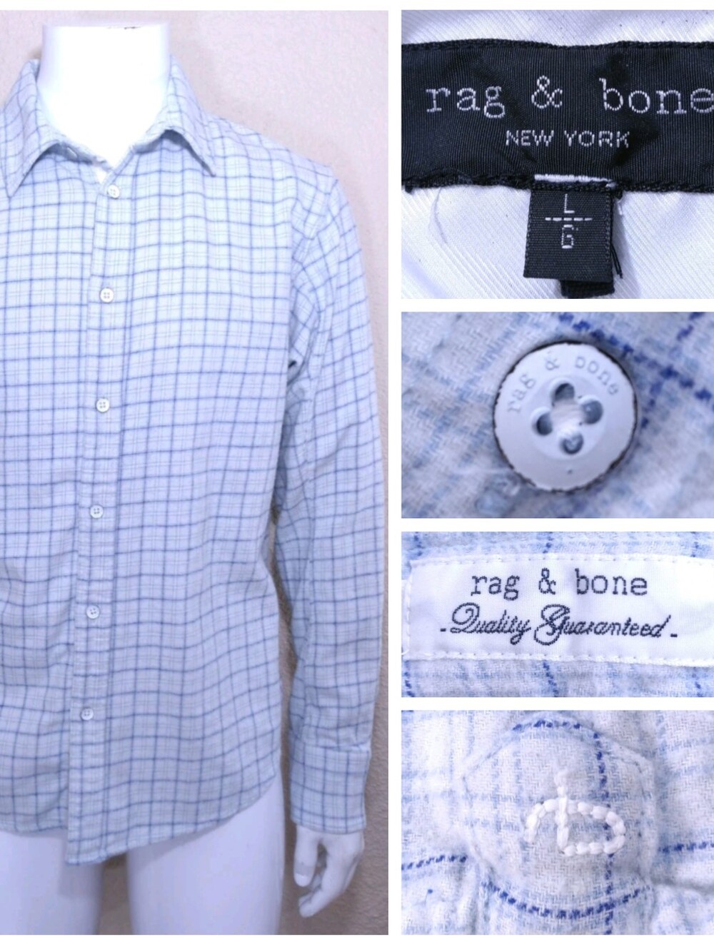 RAG & BONE Long Sleeve Button Up Shirt LARGE White Blue MENS Checker PLAID Knit